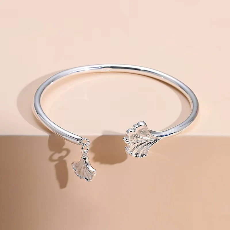 足银手镯 编号22足银999.9 气质银杏叶开口镯时尚女款