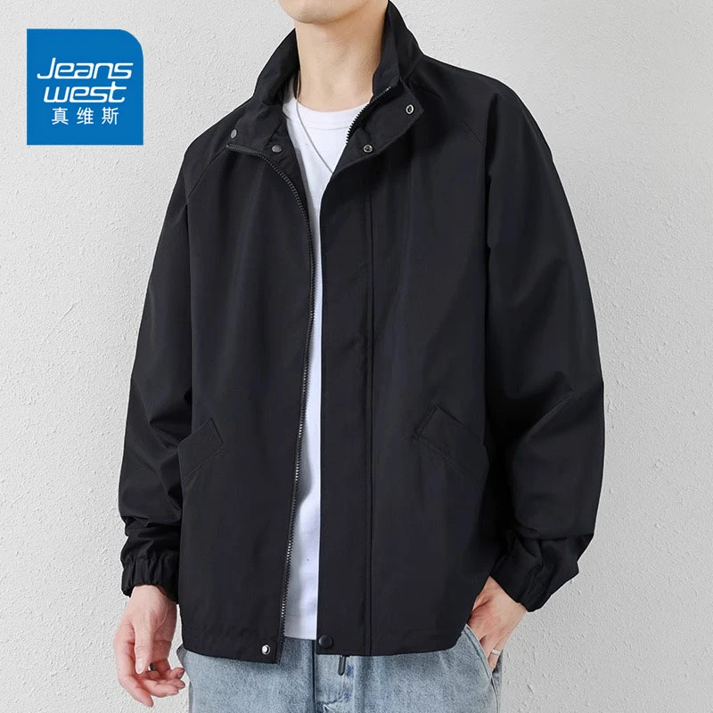 Jeanswest/真维斯防风休闲夹克男士秋季黑色立领潮流户外运动外套