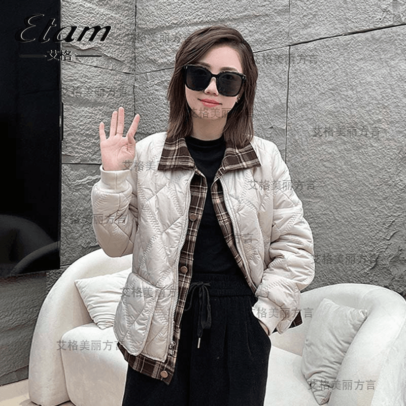 Etam/艾格假两件菱格轻薄棉服女秋冬拼接棉衣时尚上衣格子外套