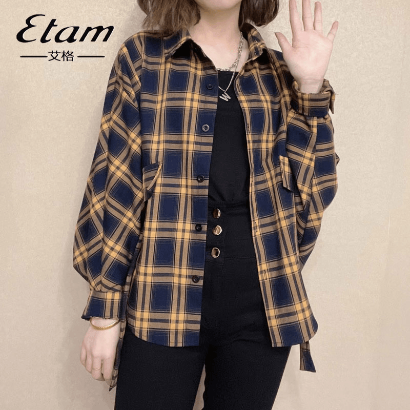 Etam/艾格宝藏衣橱美拉德格子衬衫外套女长袖春秋衬衣别致上衣