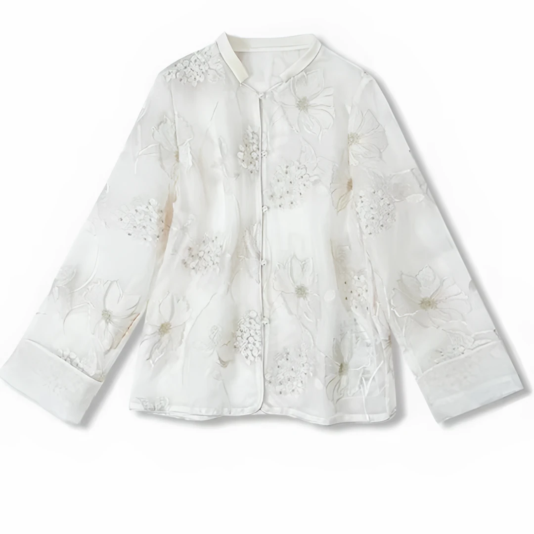 《萧萧》深圳南油新中式白色桑蚕丝长袖重工刺绣提金线对襟上衣