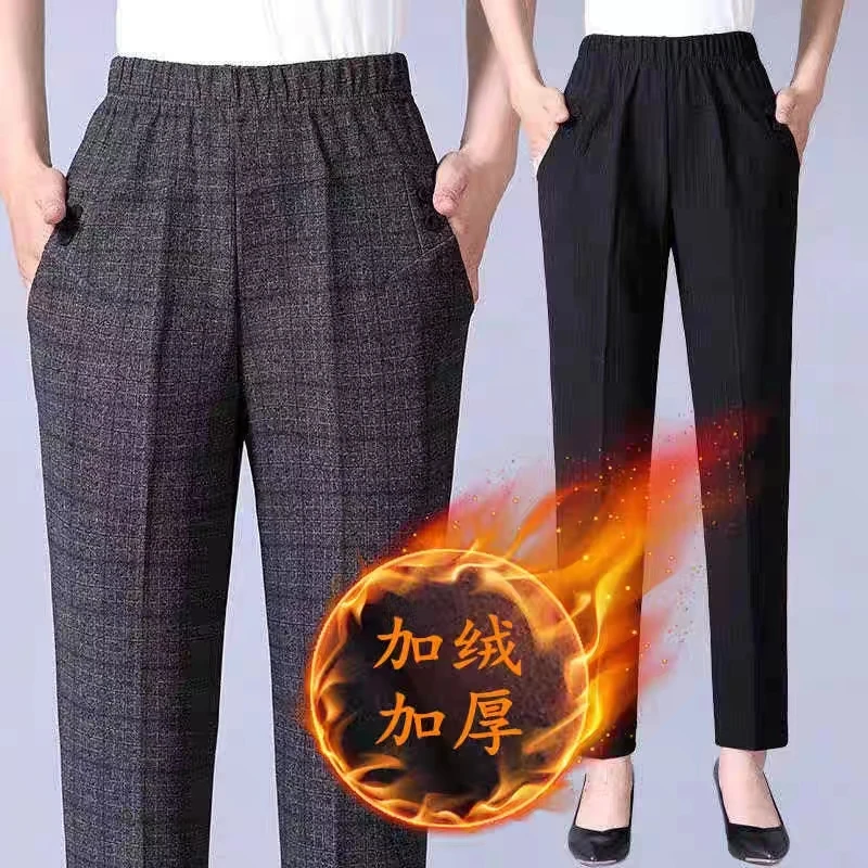 松紧腰加绒裤子加厚女士休闲裤秋冬大码中老年女直筒裤保暖棉裤