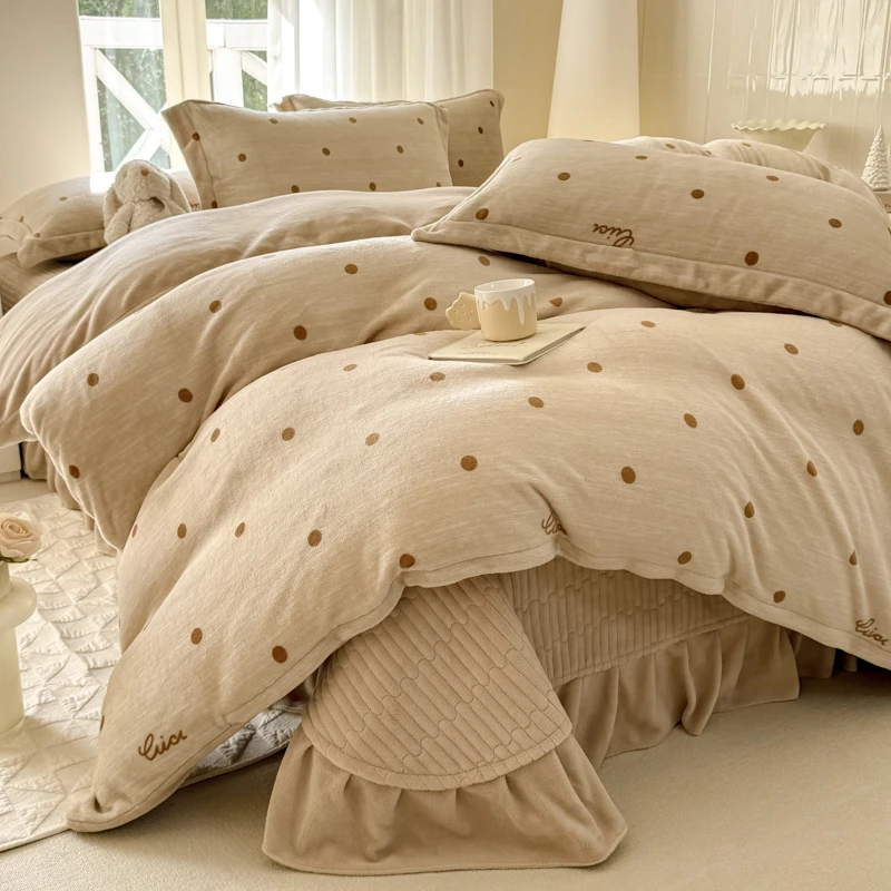 加厚夹棉床盖牛奶绒四件套冬季法兰珊瑚绒花边被套床单三件套床裙