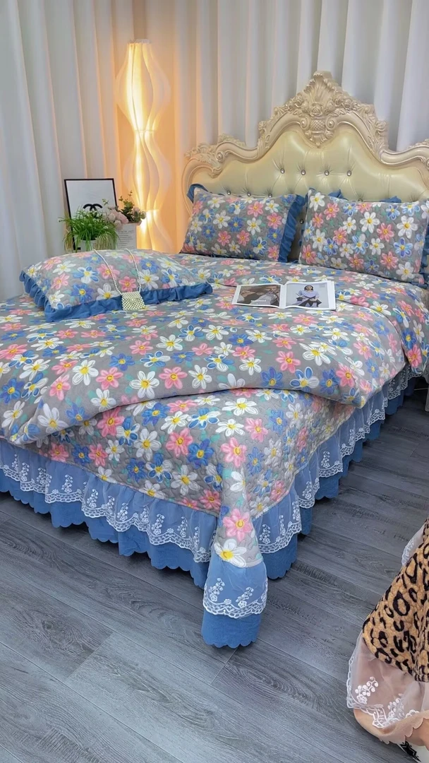 冬季加厚牛奶绒床盖四件套双面法莱绒夹棉床单床罩被套床盖四件套