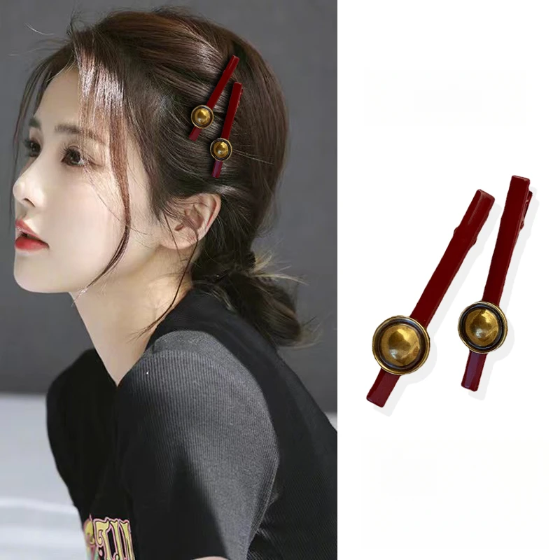 圣诞新年节日复古红色纽扣鸭嘴夹2023新款高端侧边夹子头饰发饰