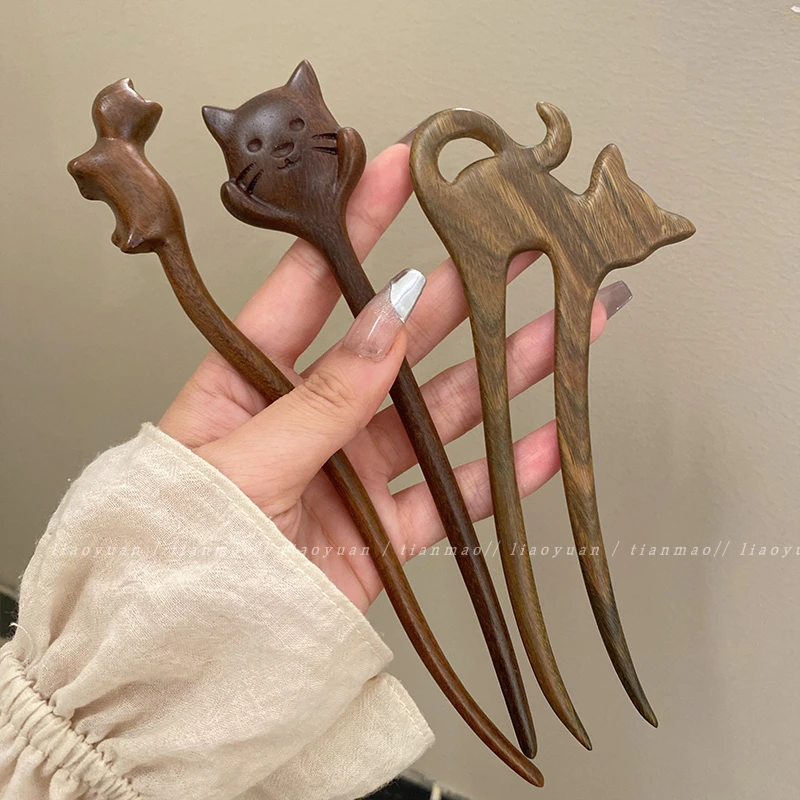 新中式U型发簪女可爱猫咪后脑勺盘发簪子高级感檀木头饰古风发钗
