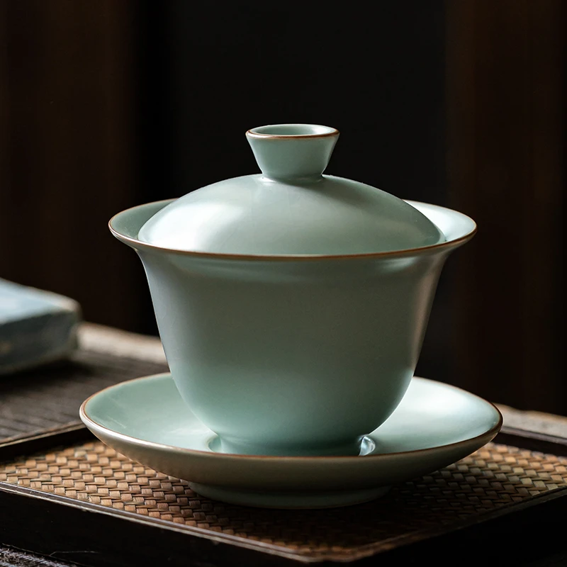 陈培明汝窑盖碗茶具天青色高端陶瓷三才泡茶碗150cc