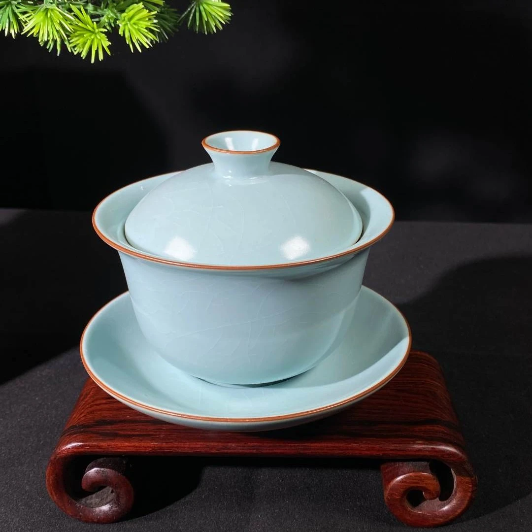 恒缘汝窑-天青三才盖碗180cc-汝瓷名窑茶器可开片养金丝铁线-茶具