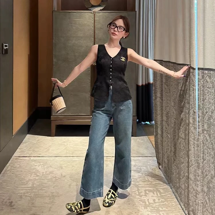 WXLSTUDIO 丹宁香风 定制水洗漂白牛仔棉 九分阔腿裤