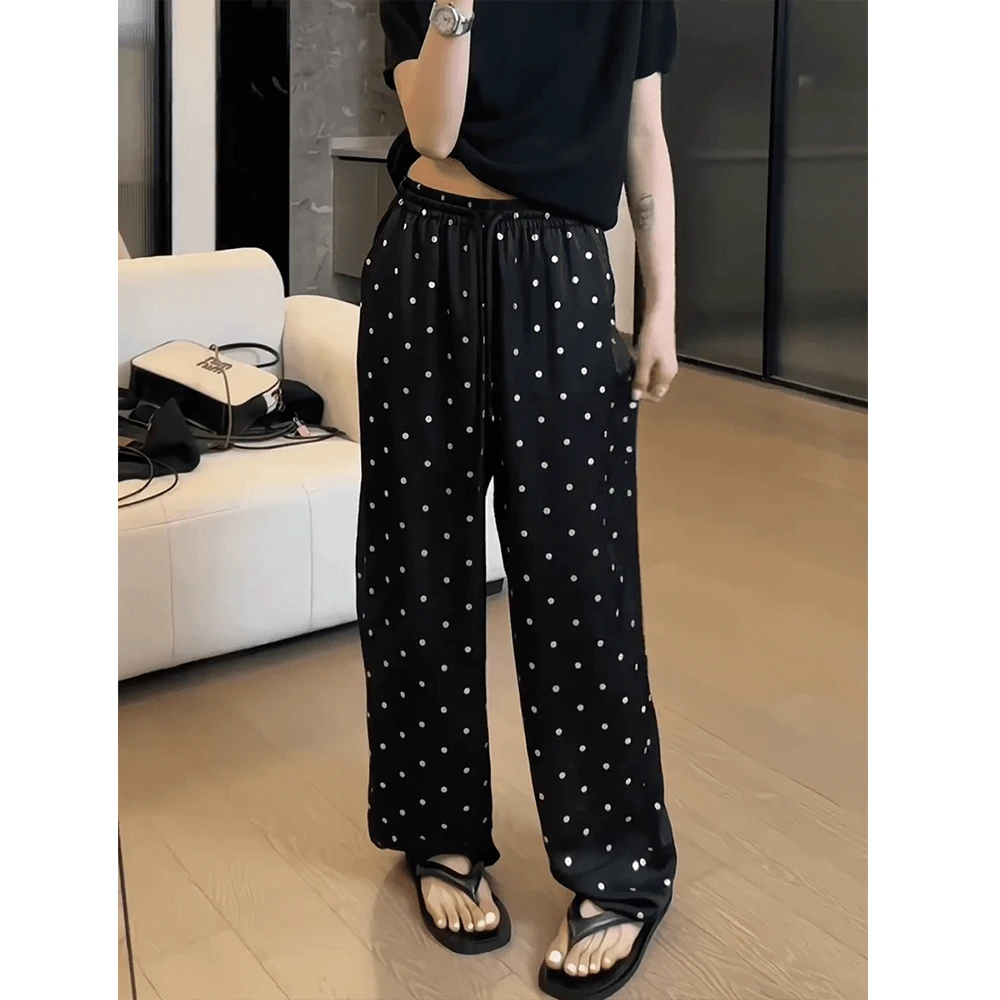 2024夏季薄款波点弯刀休闲裤女大码高腰窄版百搭显瘦直筒阔腿裤子