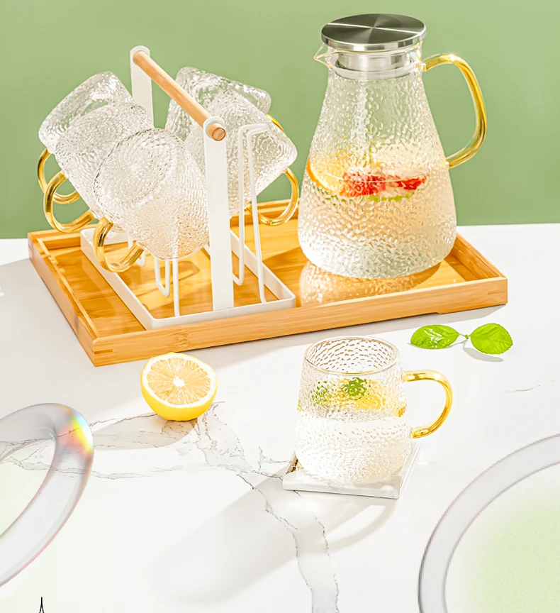 煮水壶耐热玻璃沥水杯架锤纹套装茶壶轻奢大容量杯子高硼硅家用