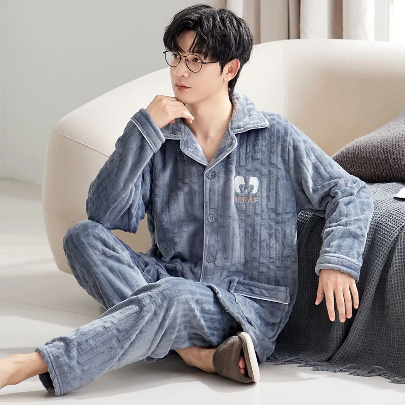 睡衣秋冬季珊瑚绒加厚加绒男士睡衣法兰绒男保暖加大码家居服套装