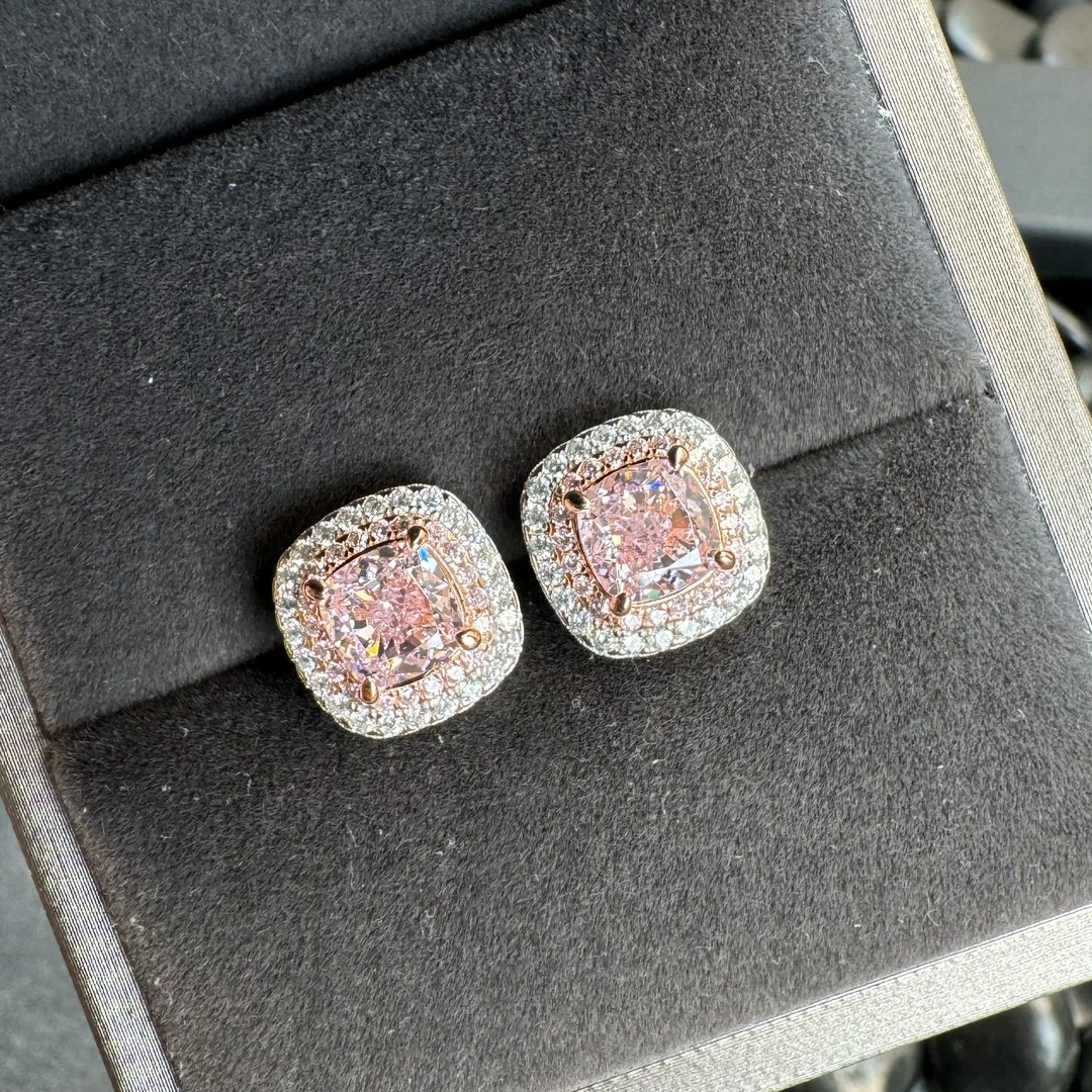 925银莫桑石耳饰 合成粉钻方糖耳钉气质潮流时尚粉宝满钻30104