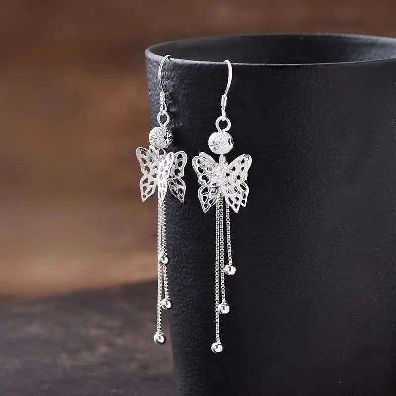 足银耳饰 999纯银耳环女新款蝴蝶流苏长款耳勾银耳饰超仙气质韩版