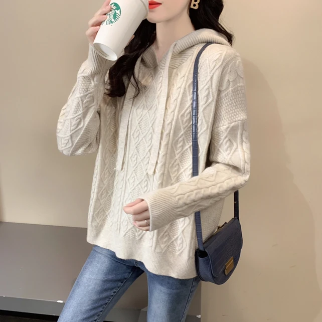 春装麻花连帽套头宽松纯色秋冬百搭毛衣宽松版针织帽子衫上衣外穿