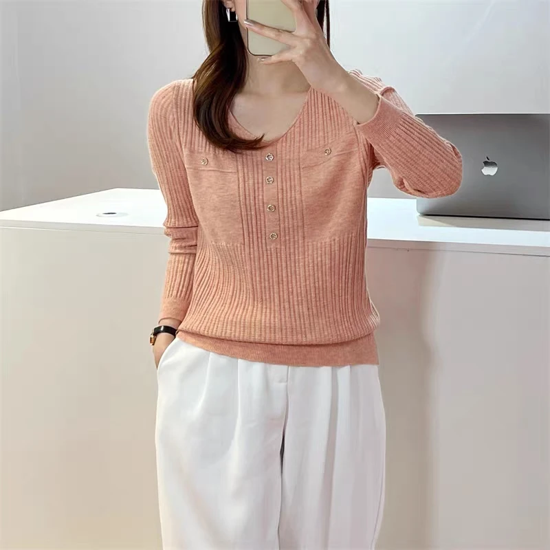 春装V领套头竖条显瘦纯色宽松版针织衫气质时尚女薄毛衣百搭上衣