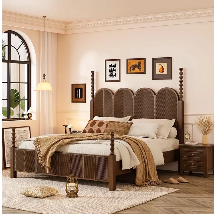 中古风实木床 主卧双人1.8米大床黑色法式别墅欧式复古酒店轻奢