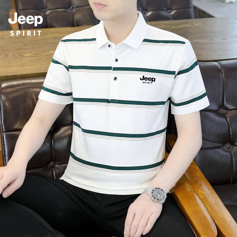 Jeep吉普高品质男士条纹夏季短袖t恤薄款商务翻领男装polo衫男款