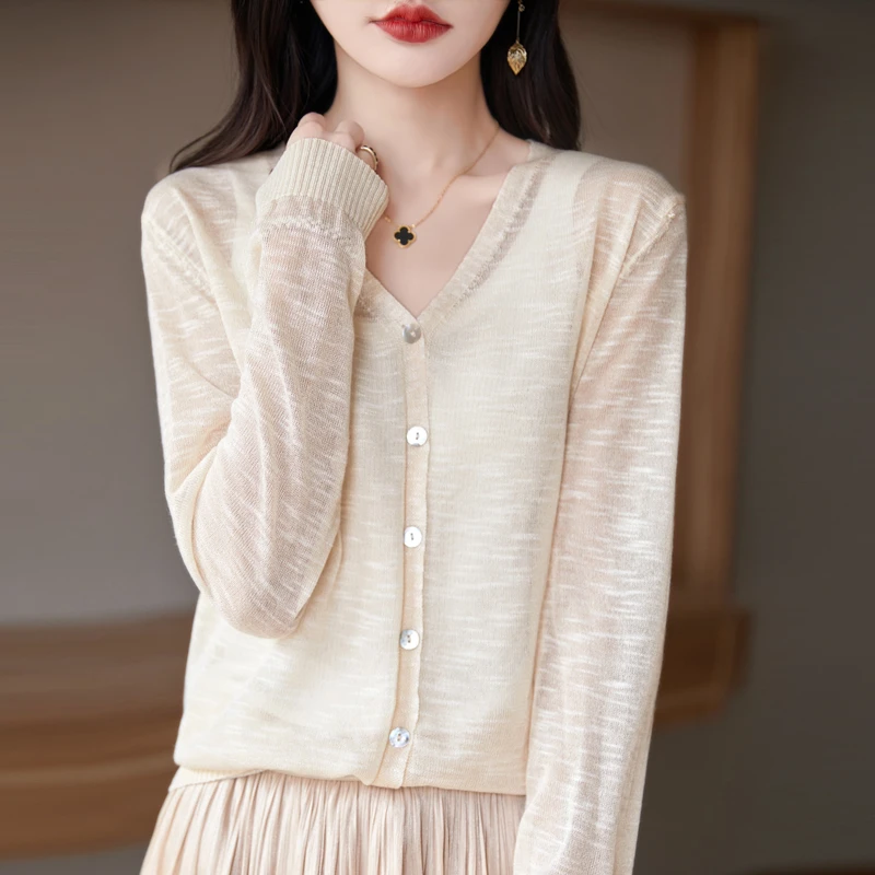 夏季薄款苎麻防晒开衫女长袖针织衫宽松显瘦气质百搭空调小衫上衣