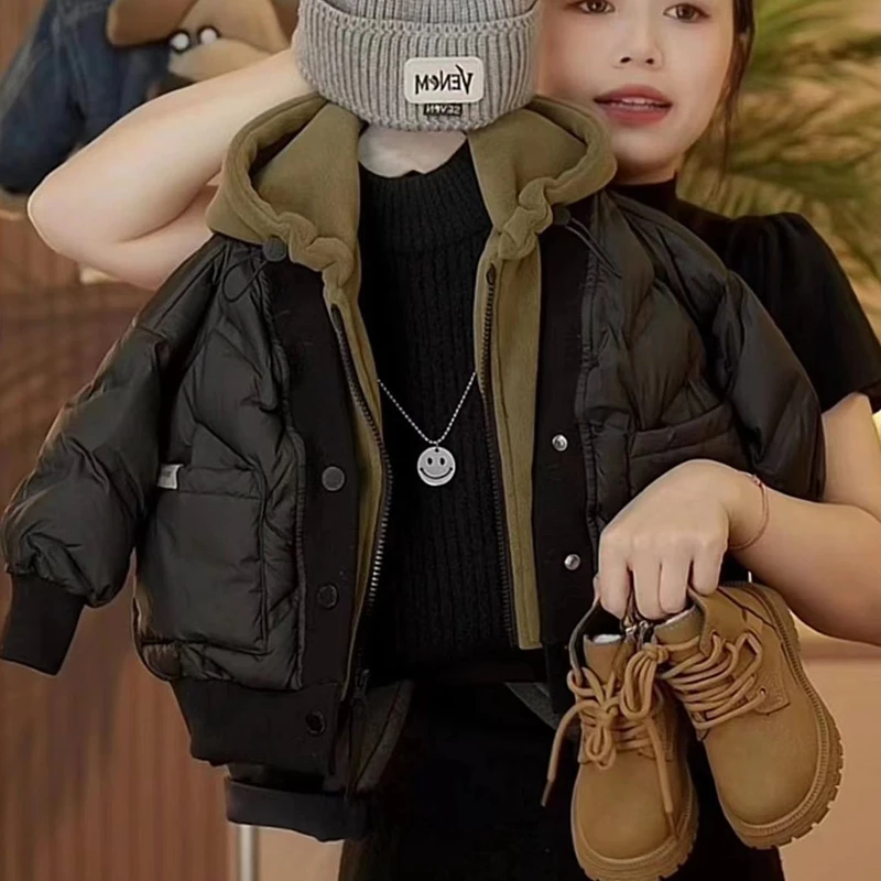新款男童帅气棉服2023冬季保暖外套连帽假两件加厚棉衣男宝冬装潮