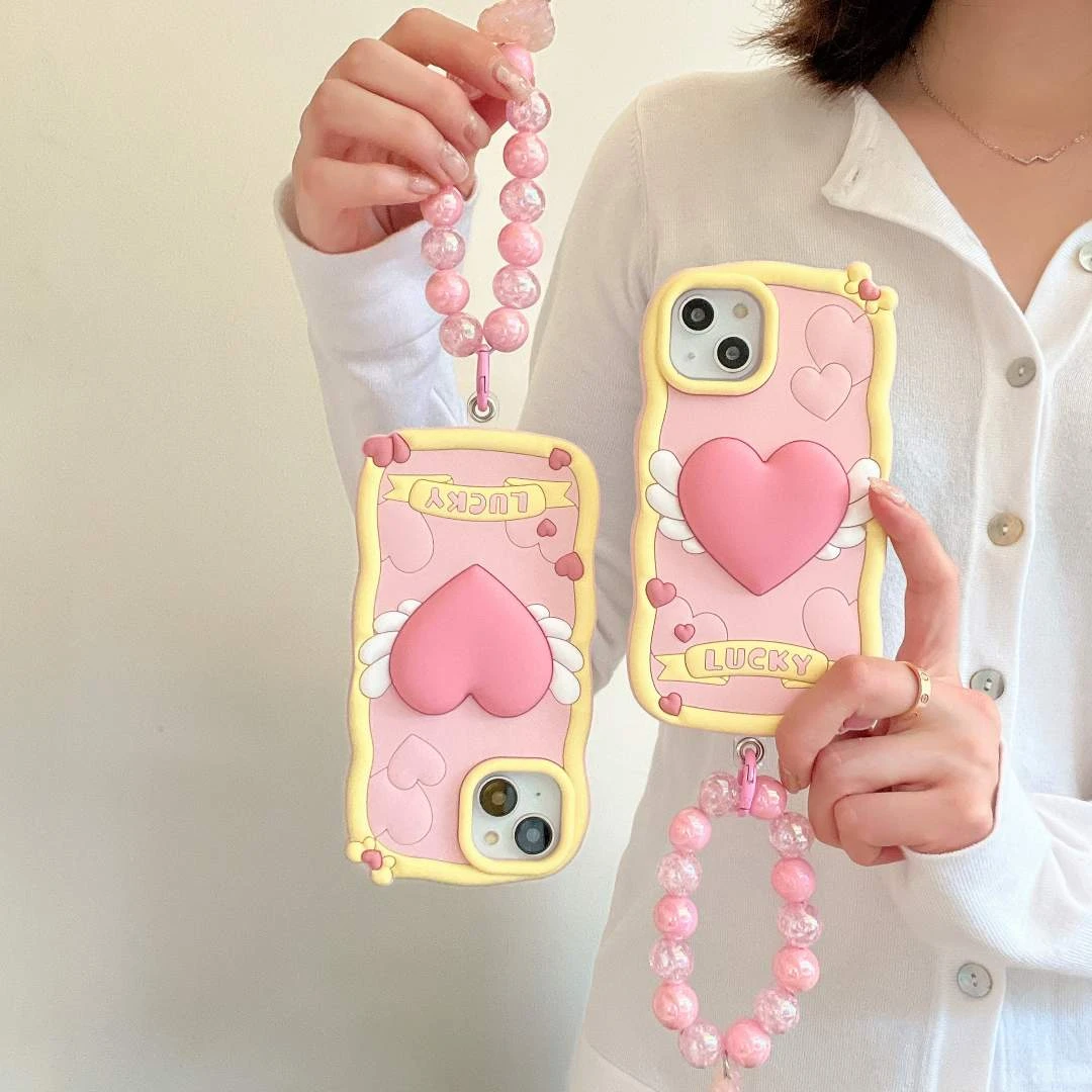 (苹果)卡通爱心翅膀少女心适用iPhone15pro女款立体软硅胶手机壳