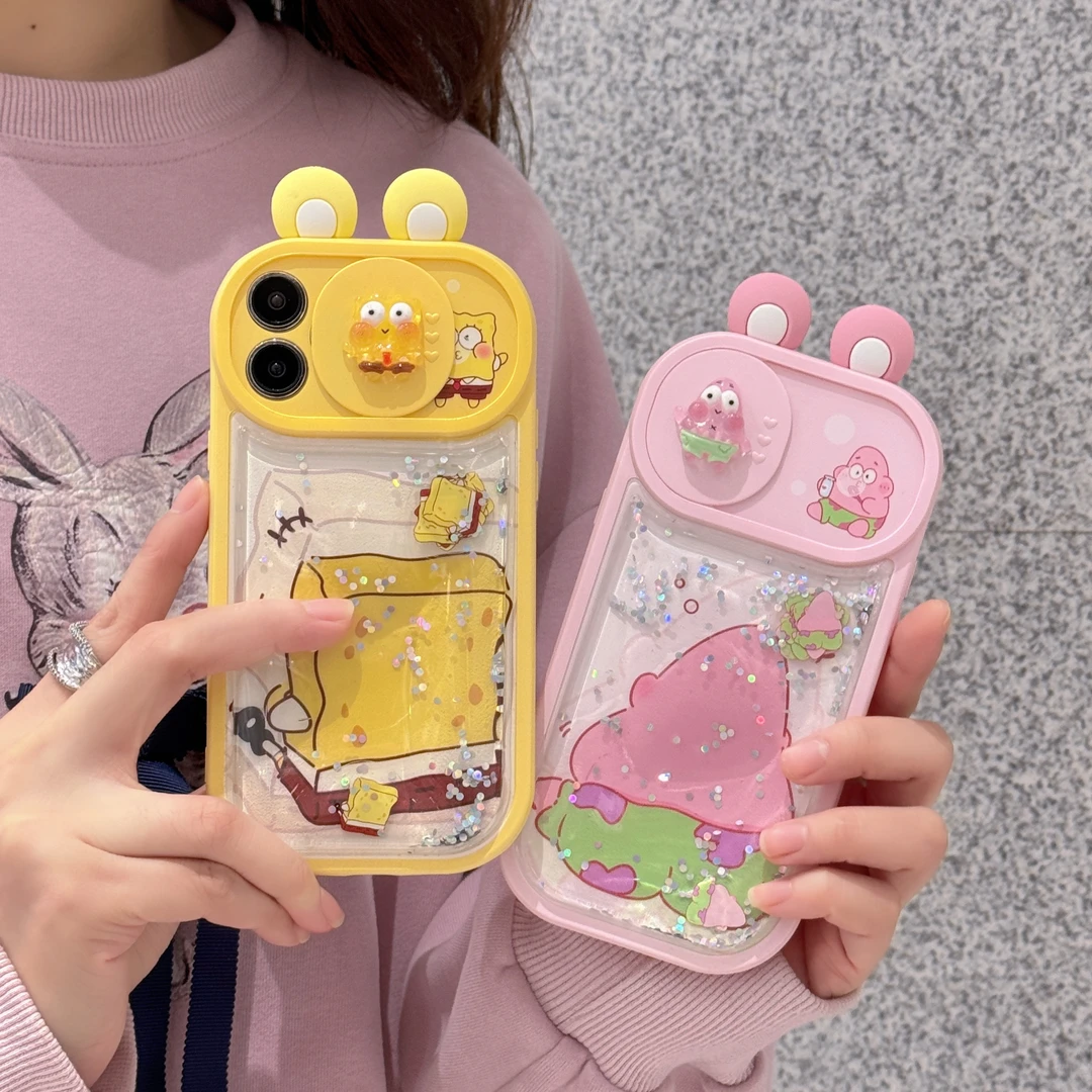 (苹果)海绵宝宝派大星背影流沙推窗可爱耳朵适用iPhone15手机壳14