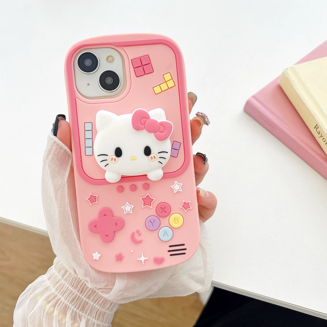(苹果)游戏机kitty猫卡通可爱适用iPhone15女款立体软硅胶手机壳