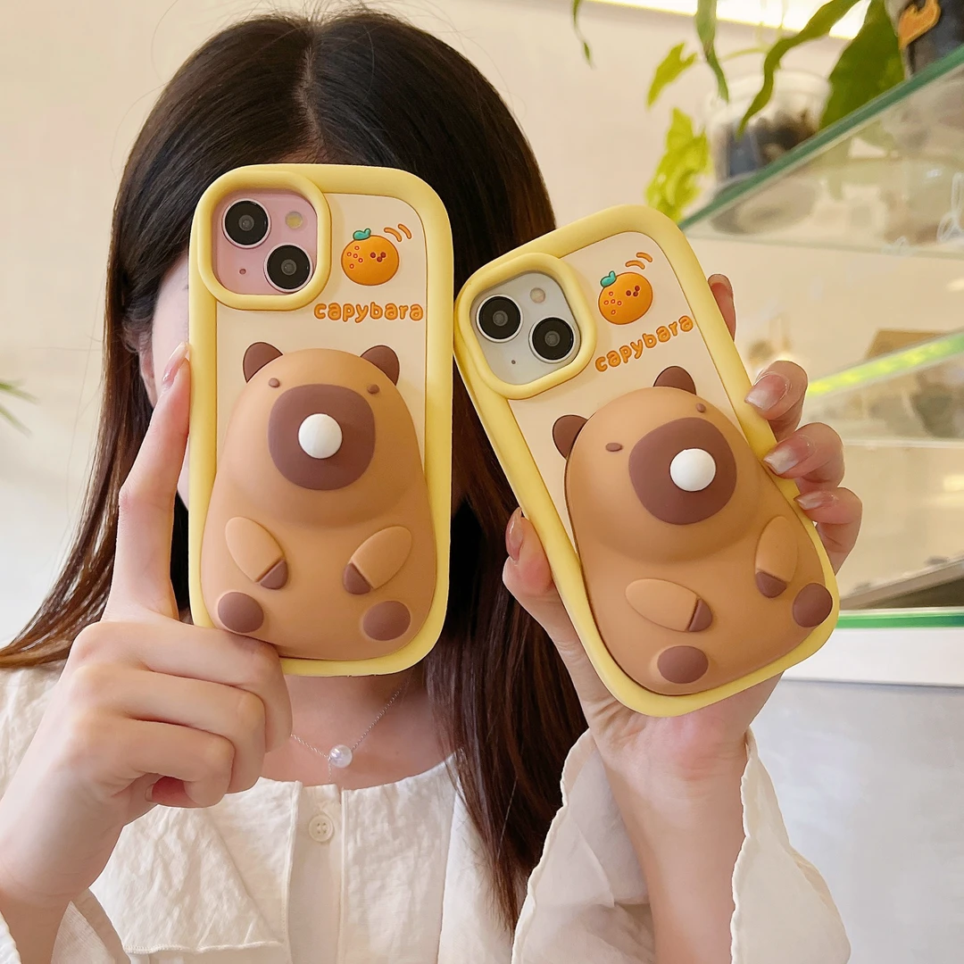 (苹果)吹泡泡卡皮巴拉水豚可爱适用iPhone16可爱立体软硅胶手机壳
