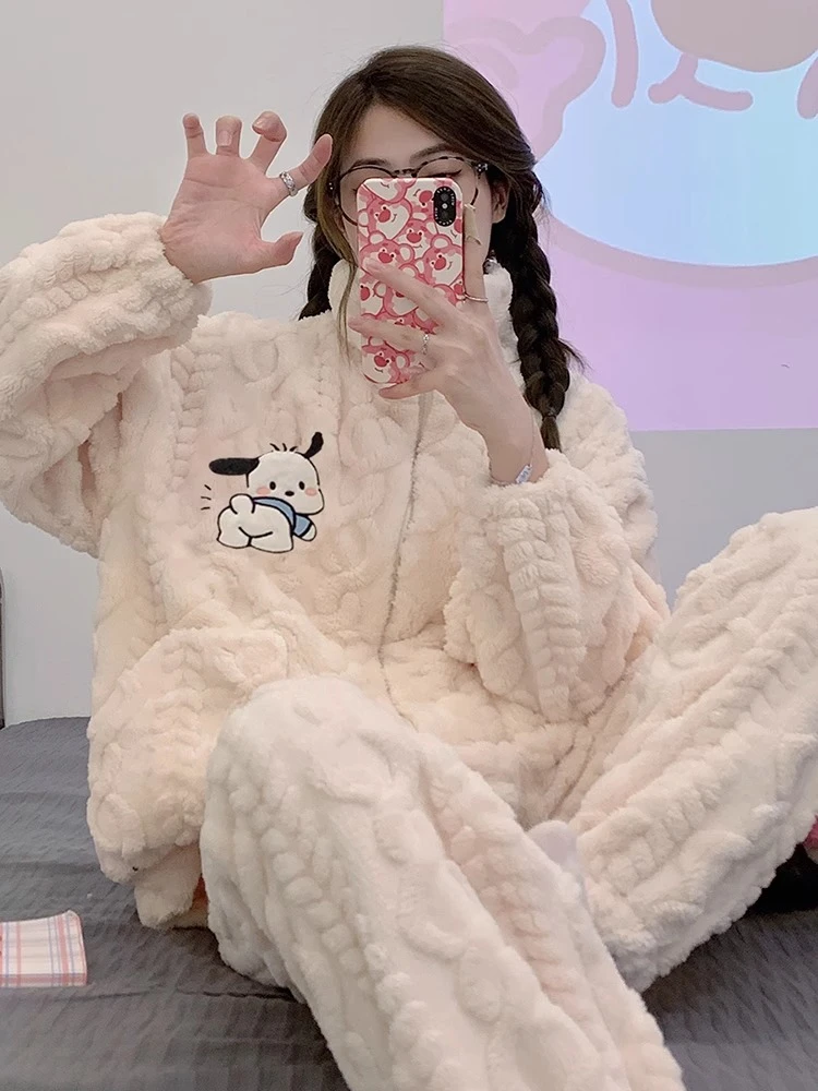 珊瑚绒睡衣女秋冬季新款加绒加厚保暖法兰绒卡通可爱家居服套装