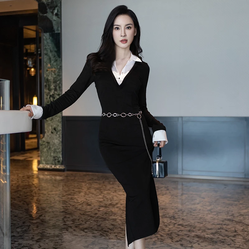 黑白撞色连衣裙高级感纯欲风假两件内搭打底长款衬衫领弹力包臀裙