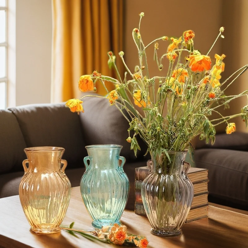 双耳竖耳复古花瓶创意卧室摆件大口径百合富贵竹透明玻璃花瓶