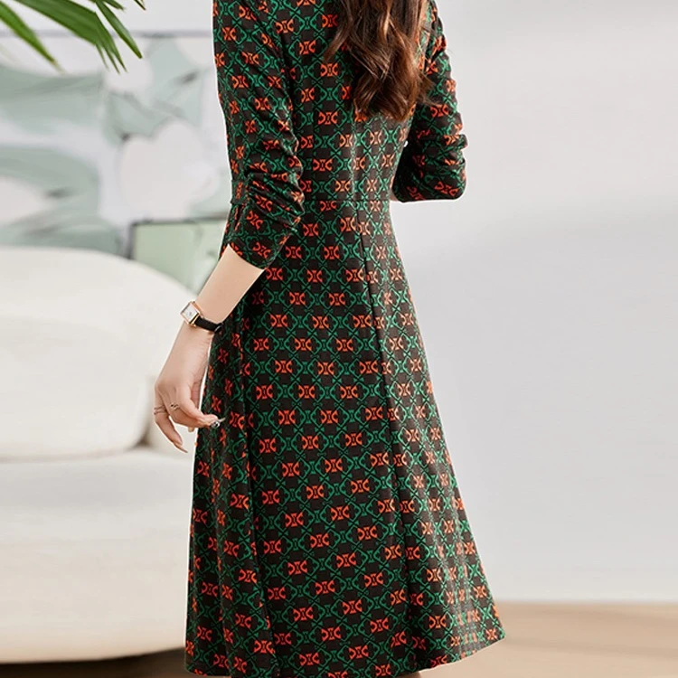 D066商场同款雅致气质淑女V领显瘦长袖中裙印花连衣裙春装新款