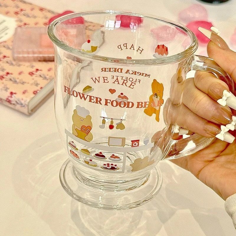 可爱小熊蛋糕杯子玻璃水杯子ins高颜值卡通茶杯家用大容量设计杯