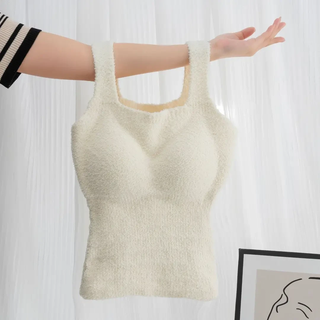 甜美羊羔绒白色加绒吊带背心女秋季新款纯欲风内搭修身显瘦上衣潮
