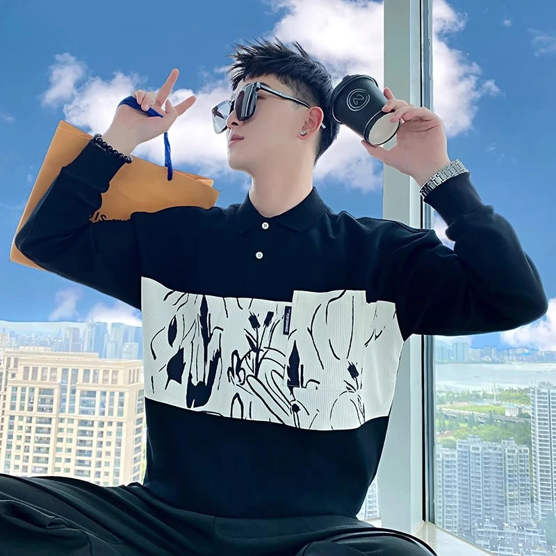 秋季男上衣ins不规则拼接POLO翻领卫衣男士T恤高级感痞帅翻领外套