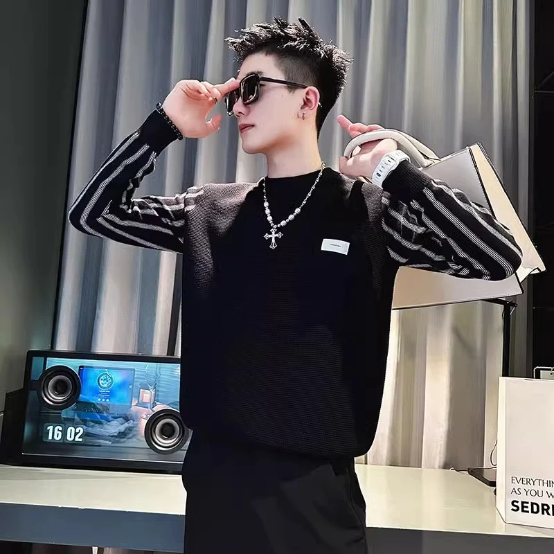 设计感秋冬痞帅毛衣男外套假两件潮牌衣服2024新款内搭条纹打底衫