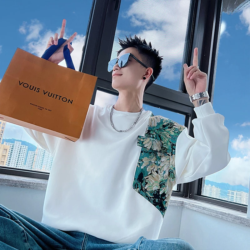 卫衣男潮牌拼接刺绣T恤高级感微宽松长袖上衣2024新款秋季男上衣