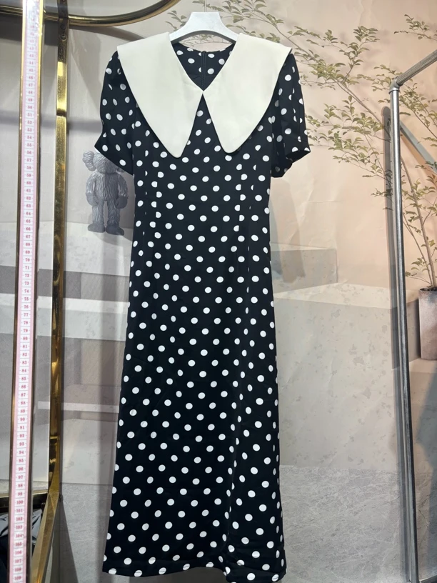 时尚气质夏季女装连衣裙黑白波点显瘦舒适百搭娃娃领长裙