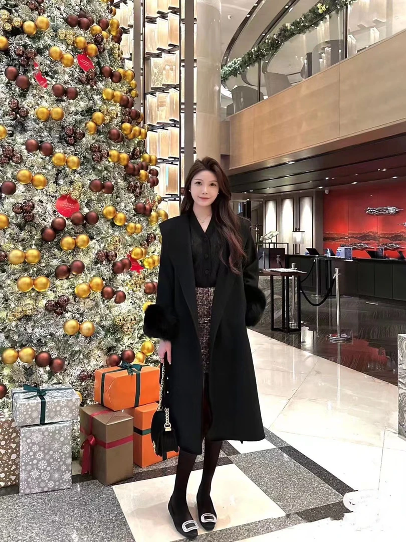 气场女王秋冬新款高级感双面羊毛大衣长款狐狸毛袖口女装外套气质