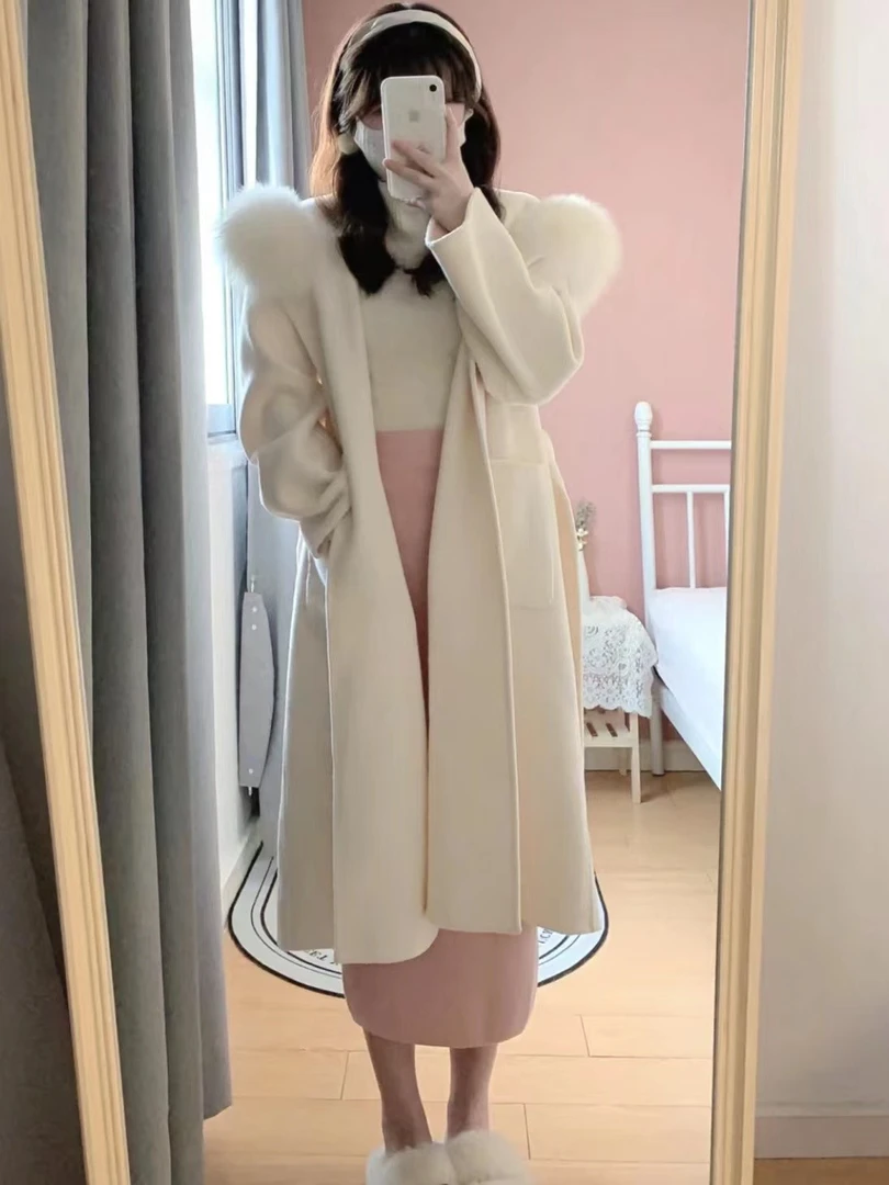 雪后初霁23款秋冬新毛呢外套狐狸毛长款双面呢大衣女装连帽显瘦