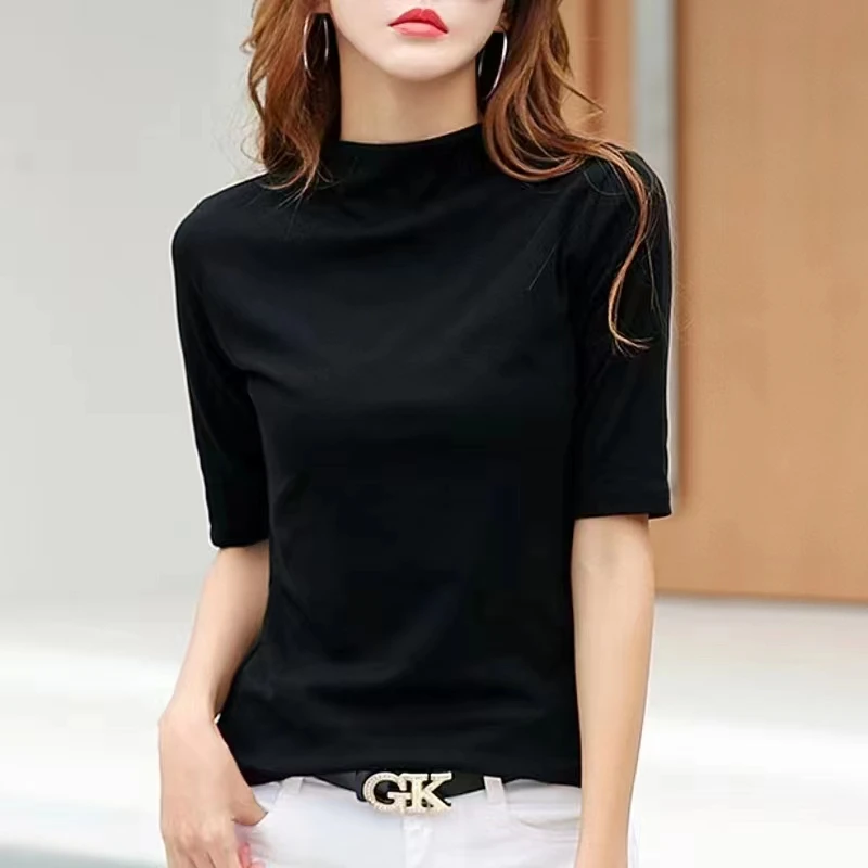 春夏新款时尚百搭纯色半高领五分袖显瘦T恤打底衫