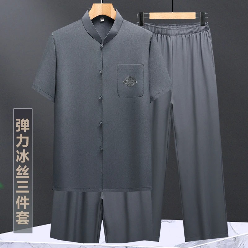 中老年唐装男士短袖套装弹力休闲夏装中国风冰丝爷爷夏季老人衣服