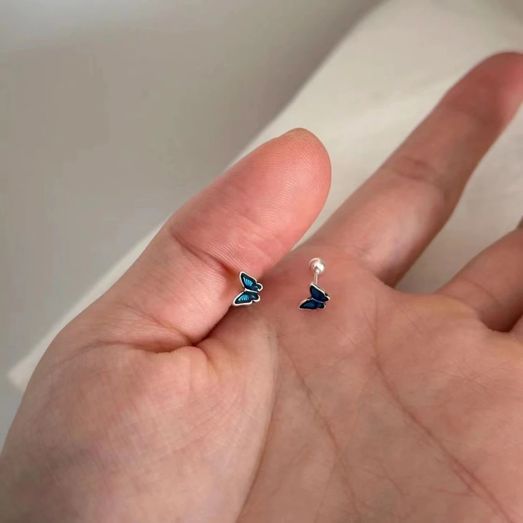 蓝色小号蝴蝶养耳洞耳钉耳骨钉小众高级感耳蜗钉睡觉免摘耳饰