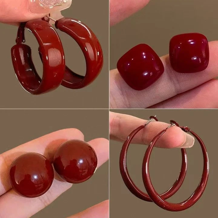 复古洋气显白安可拉红几何耳钉女新款日韩ins风气质轻奢高级耳饰