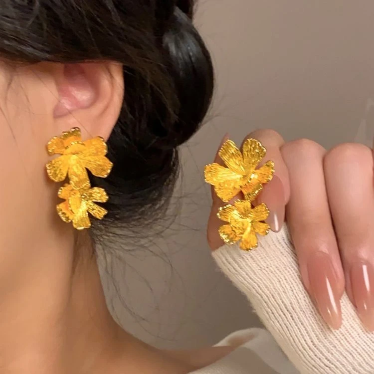 有钱富贵花高级复古金属纹理花朵耳环法式耳钉夸张金色耳饰