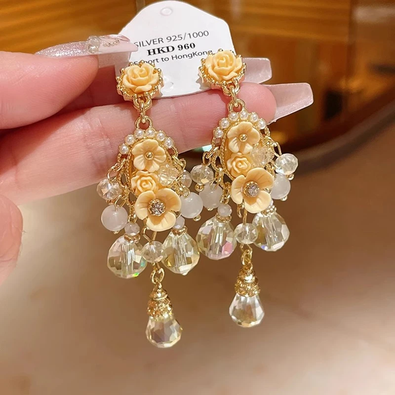 合金亚克力耳饰 花朵珍珠水晶耳环轻奢小众高级感耳坠时尚耳饰女