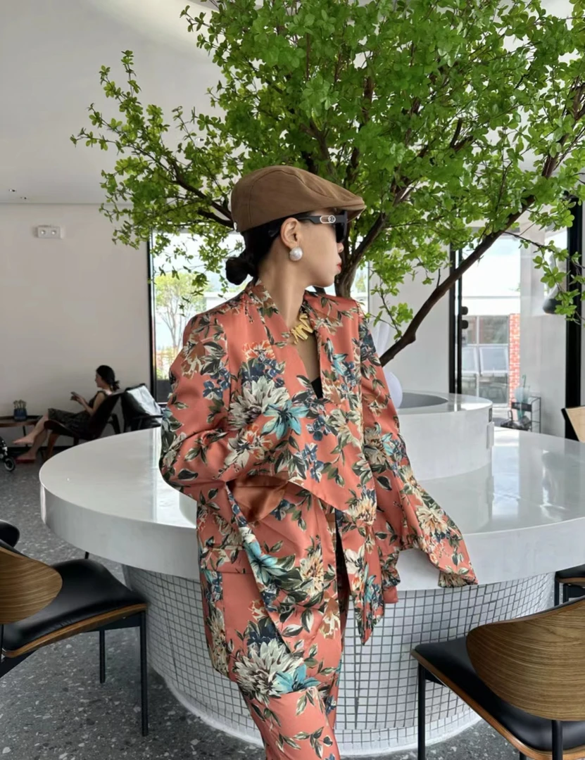 3015原创设计师款复古时尚花色显瘦气质套装休闲印花洋气阔腿裤女