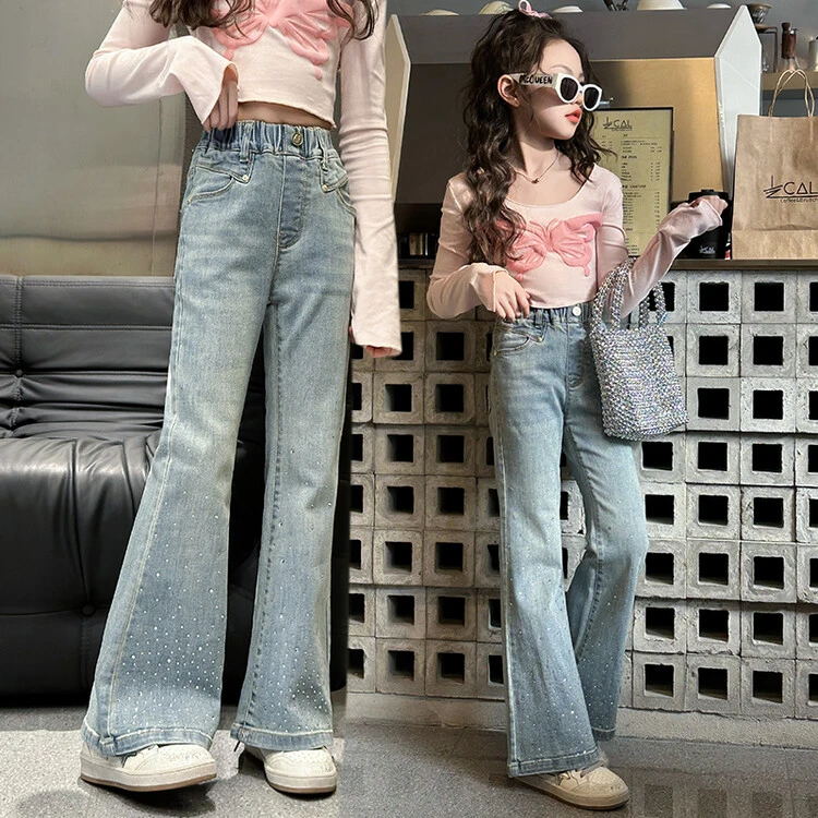 女童牛仔裤春季2024新款中大儿童烫钻弹力裤子春秋洋气女孩喇叭裤