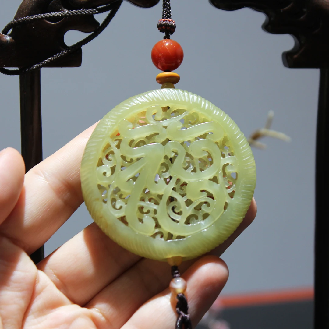 新疆和田玉若羌黄口料车挂 玄关挂件 镂空雕花福寿二字37.6克