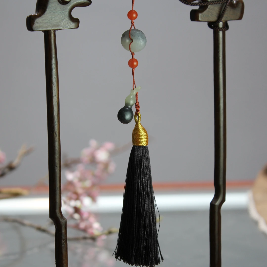 新疆和田玉青花葫芦平安扣车挂 手工雕刻 精致小巧 8.2克